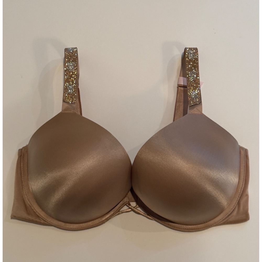Victoria's Secret Bombshell Plunge Bra 36D Tan Satin Rhinestone Shine Strap